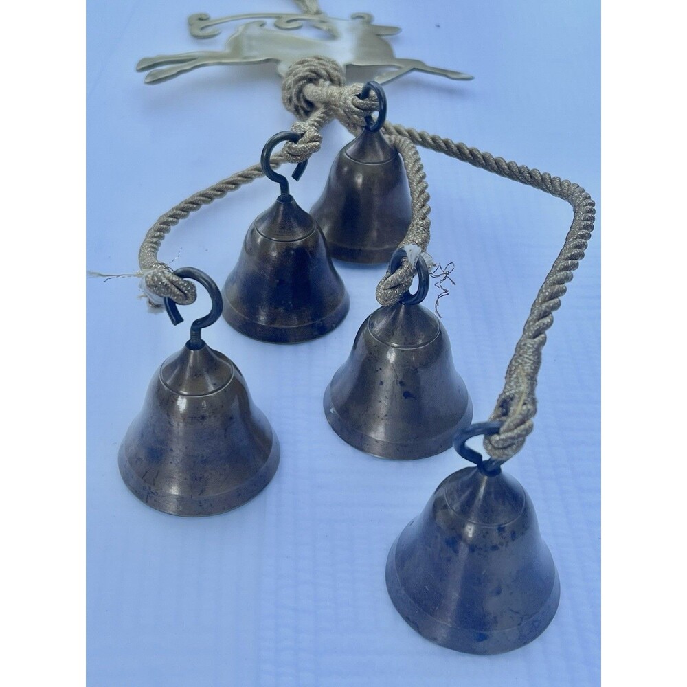 Vintage 1950-60’s Christmas  Solid Brass Reindeer & 5 Bell Hanging Decoration